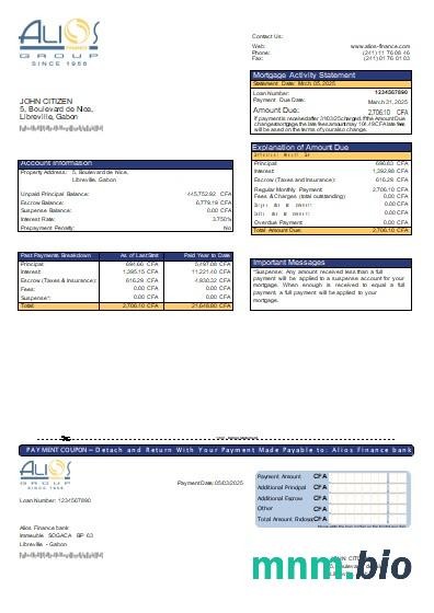 Gabon Alios Finance wyciąg z kredytu hipotecznego szablon Word i PDF